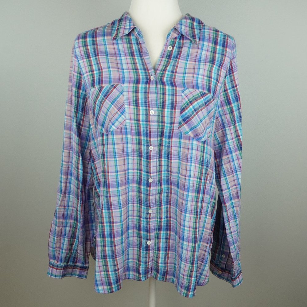 Joie Blue Pink Green Plaid Button Up Shirt Size Large
